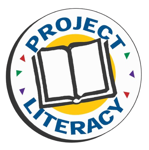 “A logo with an open book in the center, surrounded by a yellow circle with ‘Project Literacy’ written around it, used for branding literacy initiatives.”