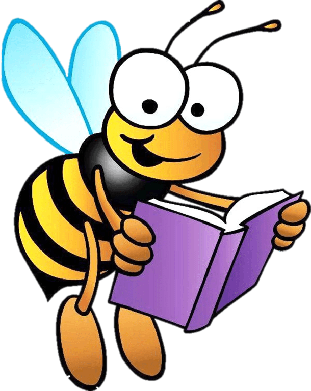 A colorful cartoon illustration of a smiling bee with blue wings holding an open purple book, appearing cheerful and inviting.