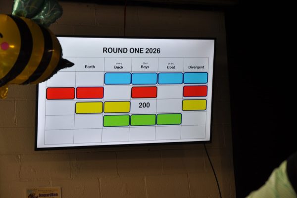 Large screen displays the Round One 2026 JeopardBee game board during Danville Project Literacy’s trivia-style fundraiser.